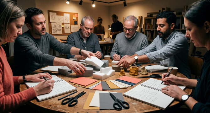 Documentary photo of a small creative leadership workshop around a round table: hands arranging foam prototypes, color chips, clay mockups, and scissors, with sketch pads and soft track lighting