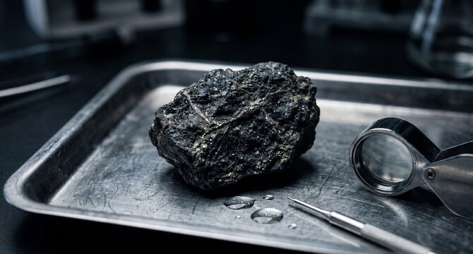 Macro-style laboratory photo of a dark rocky sample on a metal tray with mineral veins, analysis droplets, and a handheld magnifier, suggesting asteroid composition study; soft side lighting, crisp