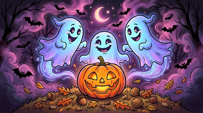 Happy halloween three smiling ghosts and a glowing pumpkin
