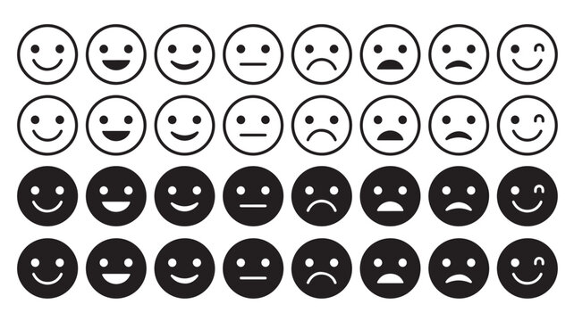 Minimalist emoji icon set, flat line and solid black smiley face collection, 32 emoticons for customer feedback and user experience rating