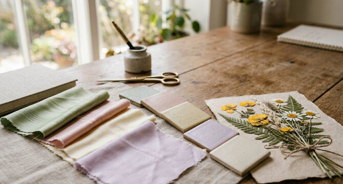 A fashion color forecaster desk with layered silk swatches in fresh spring tones, matte ceramic sample chips, and a bundle of pressed meadow flowers. Soft morning window light, shallow depth of