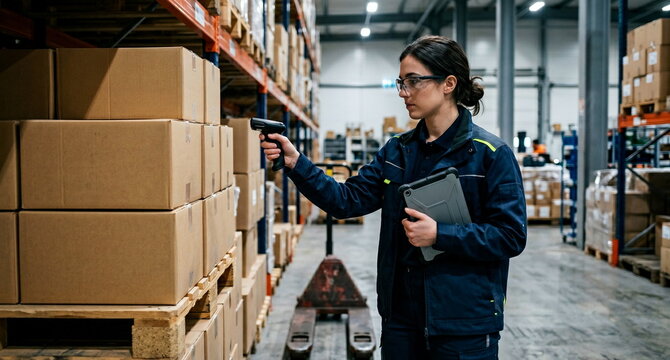 Documentary photo of a warehouse technician wearing sleek augmented-reality glasses while scanning stacked cartons, a handheld tablet tucked under one arm, barcode-free shelves and a pallet jack in