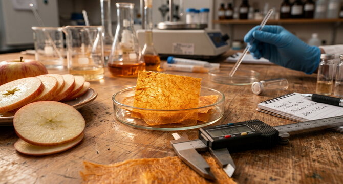 Scientific tabletop scene showing a researcher comparing thin compostable sheets made from orange vegetable peel fibers beside sliced apples, calipers, and a glass petri dish, with warm laboratory