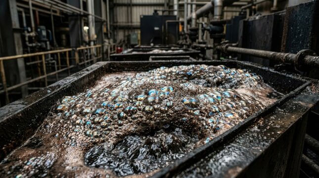 Iridescent bubbles carrying copper particles during the froth flotation separation process.