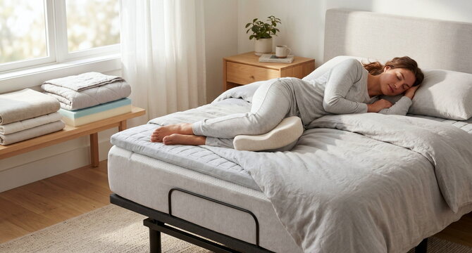 Side-sleeper sleep demo in a minimalist bedroom, showing a person lying with a knee pillow, cooling topper, and adjustable base beside neatly stacked bedding samples; soft morning light, gentle