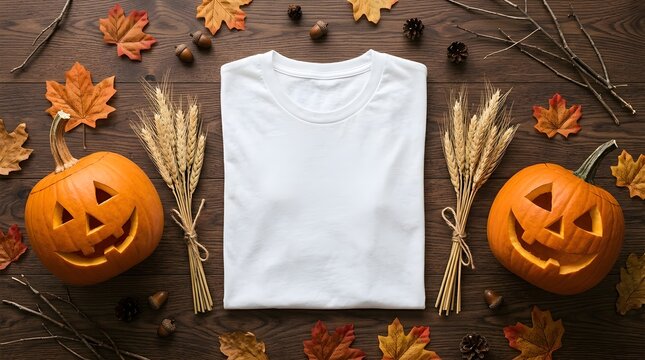Happy halloween white t shirt mockup with pumpkins and fall leaves