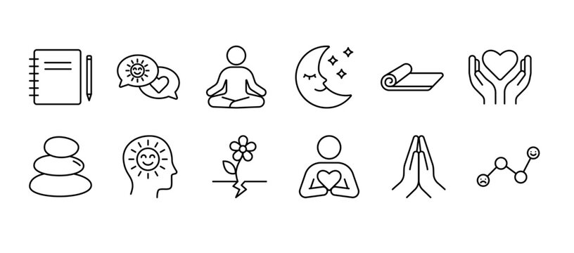 Line icon set featuring meditation, mindfulness, and mental wellness symbols. Perfect for wellness apps, yoga websites, and self-care projects.