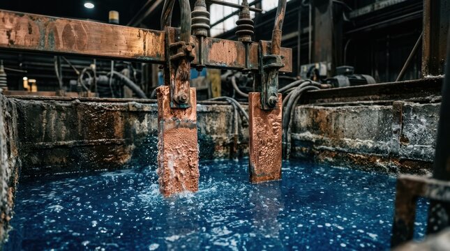 Copper anode and cathode electrodes submerged in a blue chemical liquid bath for electrolysis.
