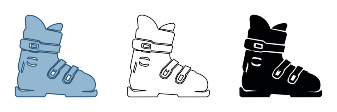 Set of three ski boot icons in blue, outline, and black styles