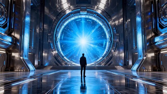 Person facing futuristic portal