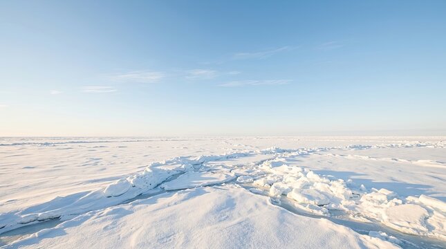 A vast, snow-covered landscape stretches out under a clear, blue sky. The ground is composed of undulating ice floes and snowdrifts, creating a textured, frozen terrain.