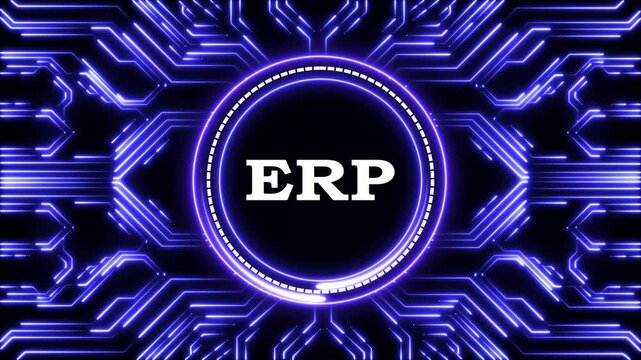 Erp word displayed inside bright digital glowing circular frame tech background.