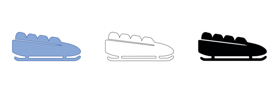 Set of bobsled icons in blue, outline, and black silhouette styles
