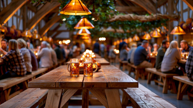 G&auml;ste sitzen an Holztischen im rustikalen Restaurant bei warmem Kerzenlicht