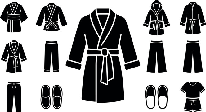 Bathrobe and loungewear glyph icon set featuring black solid vector symbols of robes slippers pajamas and home clothing