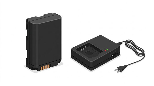 Digital camera battery and charger set isolated on white background power supply for photography equipment