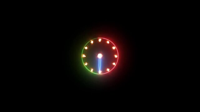 Neon glowing clock animation with on black background 4 k video....