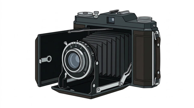 Detailed illustration of a classic large format camera with lens and bellows extended
