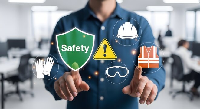 A person touching a holographic display showing safety icons in an office for the concept of workplace safety and protection.