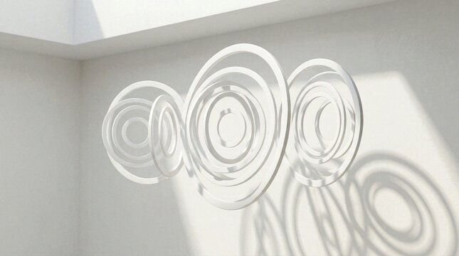 Abstract white concentric circles sculpture casting shadows in bright sunlight