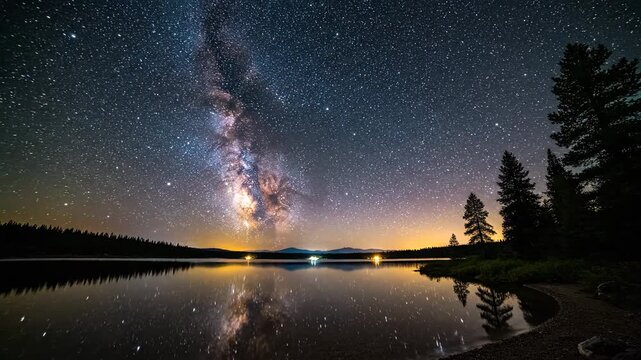 Serene lake reflection of milky way stars and night sky landscape