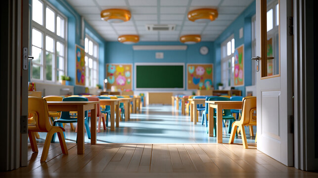 Leeres Klassenzimmer mit bunten St&uuml;hlen wartet auf Sch&uuml;ler im Sonnenlicht