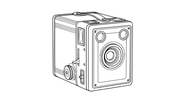 Retro antique box camera outline vector illustration on white background