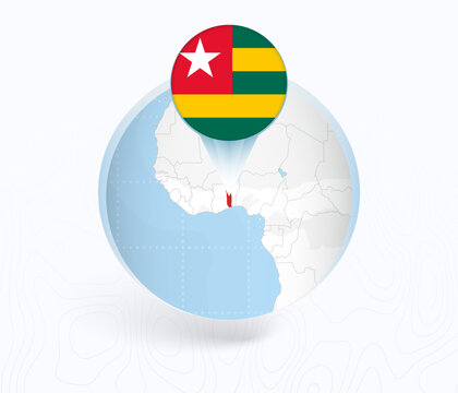 Togo Map with Round Togo Flag Pin Pointer on Circular Globe.