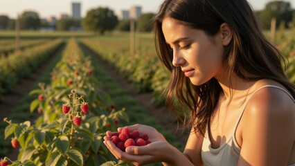 Fototapeta premium A woman stands amidst a raspberry farm's lush rows, cradling ripe red raspberries in her hands as she gazes down at them with a calm expression under warm golden-hour sunlight.