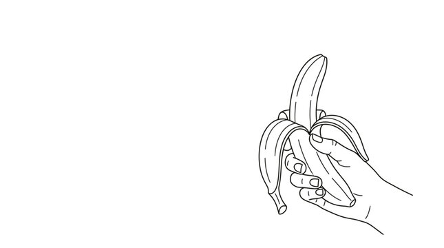 Hand peeling a ripe banana, line art illustration symbolizing healthy eating and a tropical snack