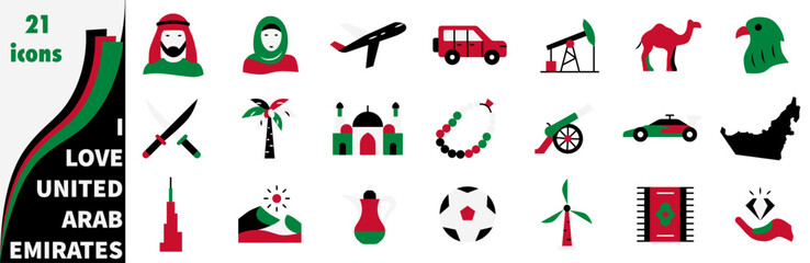 Obraz premium A set of icons dedicated to the United Arab Emirates in a flat minimalist style using national colors.
