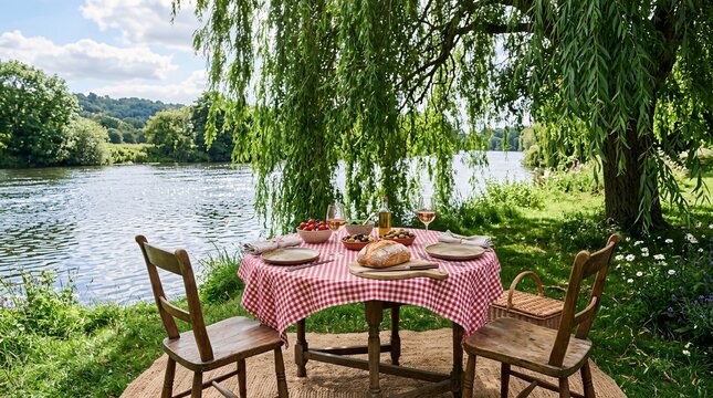 Romantic riverside picnic setup situated under the shade of drooping willow tree branches includes a wooden table with fresh bread and bowls.