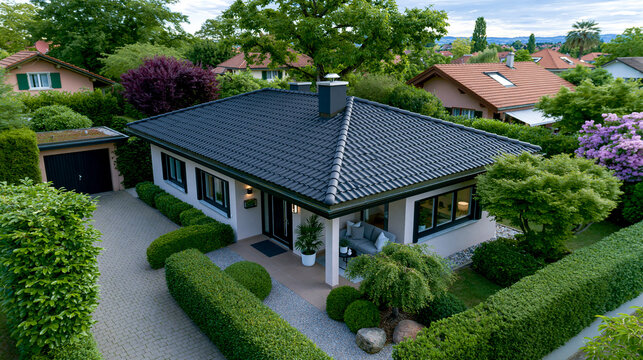 Modernes Einfamilienhaus mit dunklem Dach thront in gr&uuml;ner Gartenanlage