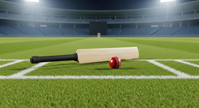 A cricket bat rests on a lush green cricket pitch, with a red cricket ball positioned in front of it. The scene is set against a blurred stadium background under bright stadium lights.