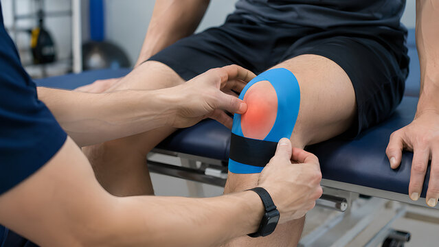 Knee joint patellofemoral pain syndrome clinical procedure concept, photorealistic runner knee treatment in healthcare clinic for medical education and patient communication use without text