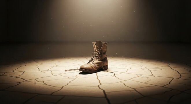 A Single Worn Leather Combat Boot Standing Alone on Cracked Dry Ground