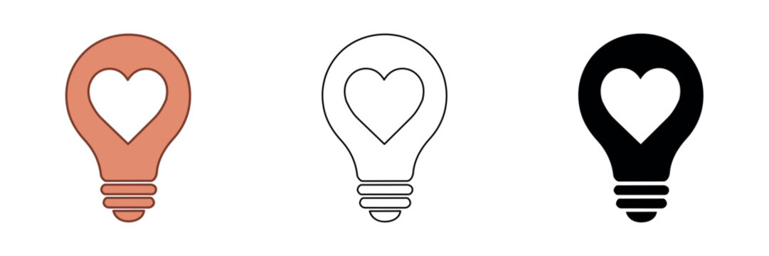Heart inside a light bulb icon in three styles: color, outline, and solid black