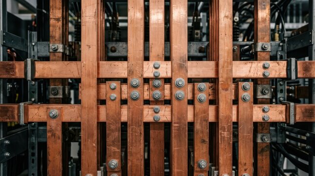 Heavy vertical copper busbars and electrical conductors installed inside a power distribution station.