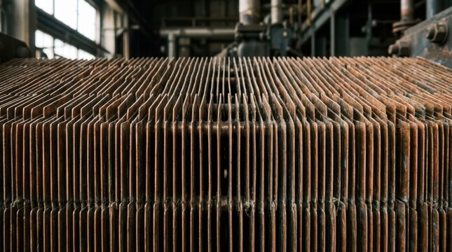 Close up texture of thin vertical cooling fins from an industrial copper heat exchanger system.