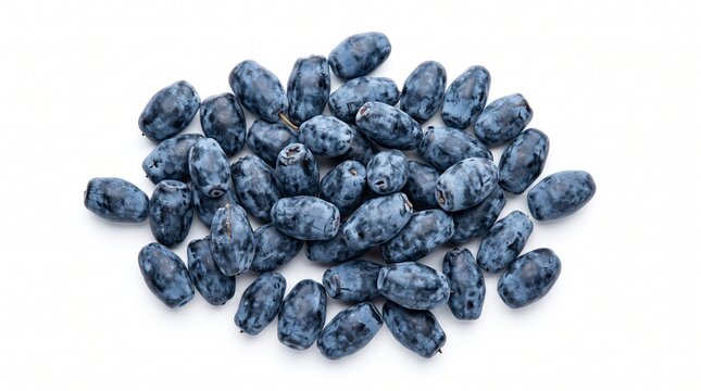 Fresh ripe haskap berries (honeyberries) in a heap isolated on a white background, top view.