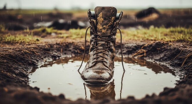 A Weathered Combat Boot Standing in a Muddy Puddle During Rain