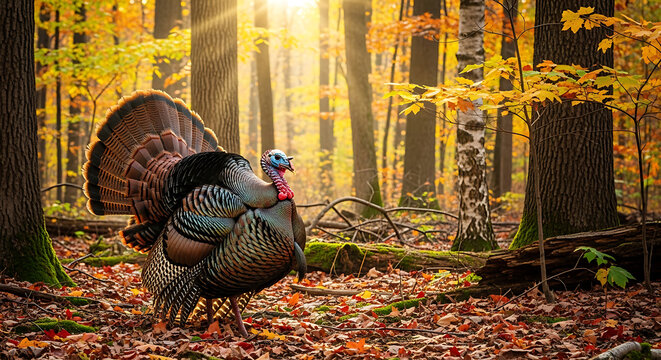Wild Male Meleagris Gallopavo Turkey Foraging Amidst Golden Autumn Foliage and Fallen Leaves in a Serene Woodland Habitat During Fall Season