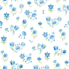 Obraz premium Embroidery seamless pattern with beautiful blue flowers on white background. Elegant summer print. Fashion design. Vector embroidered illustration. 
