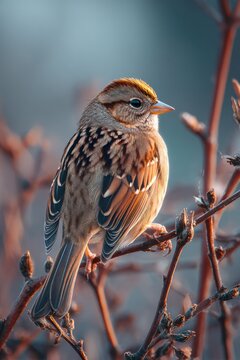 Close up of a sparrow perched on a branch