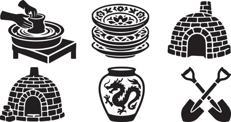 Set of black and white pottery icons including clay wheels plates kiln vase and shovel tools © OMESA