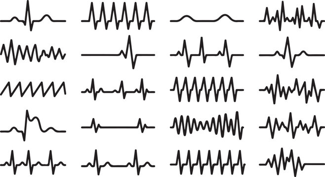 Set of black heart beat rhythm lines and medical pulse signal icons