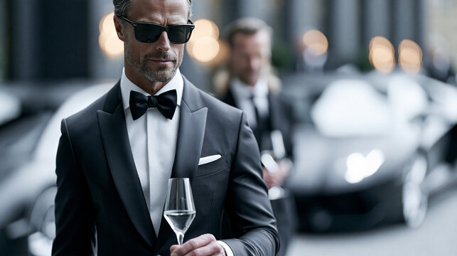 Eleganter Mann im schwarzen Smoking h&auml;lt Weinglas vor Luxusautos