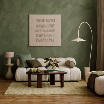 Modern living room interior with cozy white sofa, wooden coffee table, and soft green walls