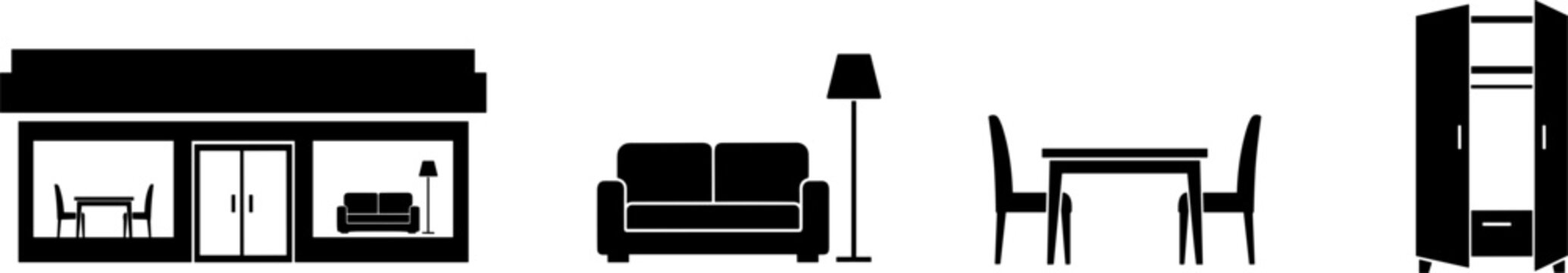 Furniture Store Front and Home Decor Icon Set Featuring Modern Sofa, Floor Lamp, Dining Table Chairs, and Open Wardrobe Vector Design