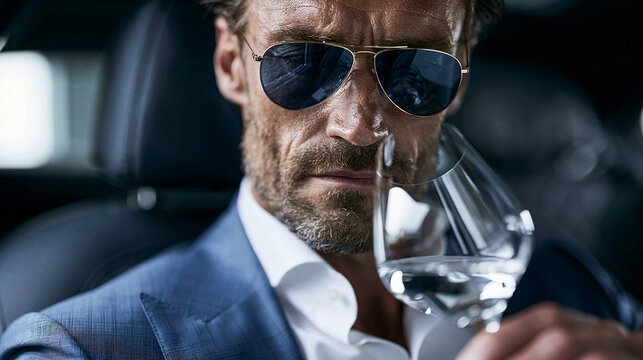 Eleganter Mann mit Sonnenbrille trinkt Wein im Fond der Limousine